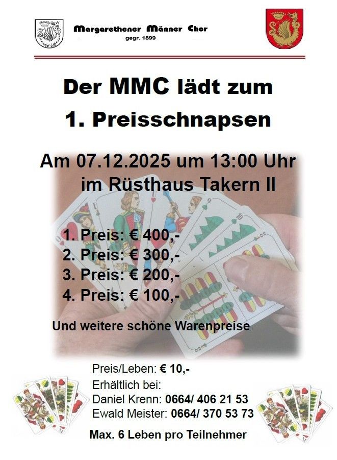 Einladung zum Preisschnapsen am 07.12.2025 um 13:00 Uhr. Preise: €400, €300, €200, €100. Kontakt: Daniel Krenn 0664/406 21 53 oder Ewald Meister 0664/370 53 73.