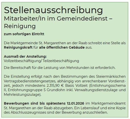 Stellenausschreibung für Reinigungskräfte für öffentliche Gebäude von der Marktgemeinde St. Margarethen an der Raab. Vollzeit/Teilzeit möglich. Bewerbungen bis 12.01.2026 im Marktgemeindeamt.