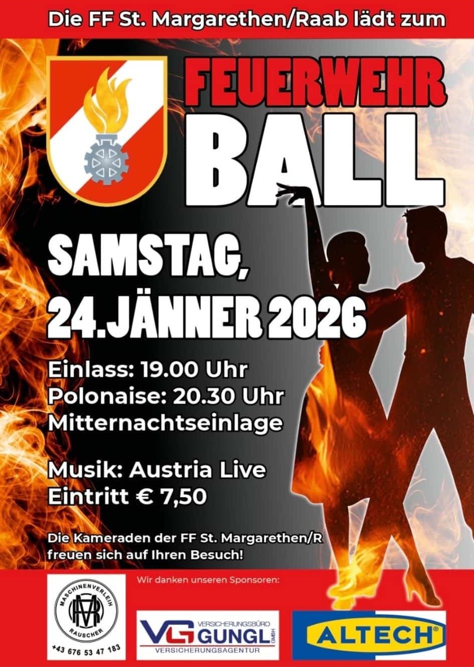 Plakat für den Feuerwehrball am Samstag, 24. Januar 2026. Einlass um 19:00 Uhr, Musik von Austria Live. Der Eintritt beträgt 7,50 €.