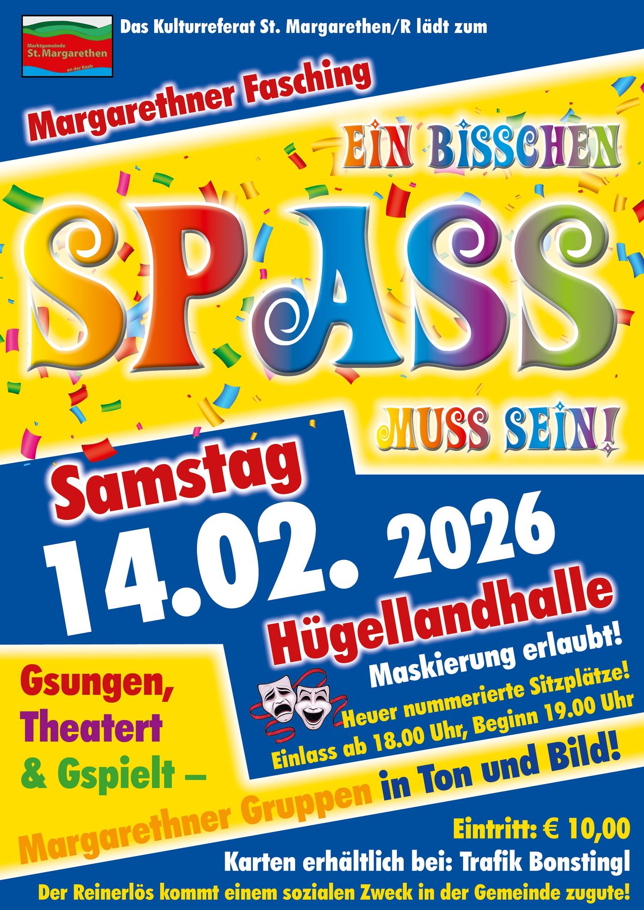 Werbung für eine Veranstaltung namens 'SPAß MUSS SEIN!' in Hüggellandhalle am Samstag, 14. Februar 2026. Die Veranstaltung bietet Gesang, Theater und Komödie. Sie beginnt um 19:00 Uhr und ist für Personen ab 18 Jahren geöffnet. Maskenpflicht und nummerierte Sitzplätze sind erforderlich.