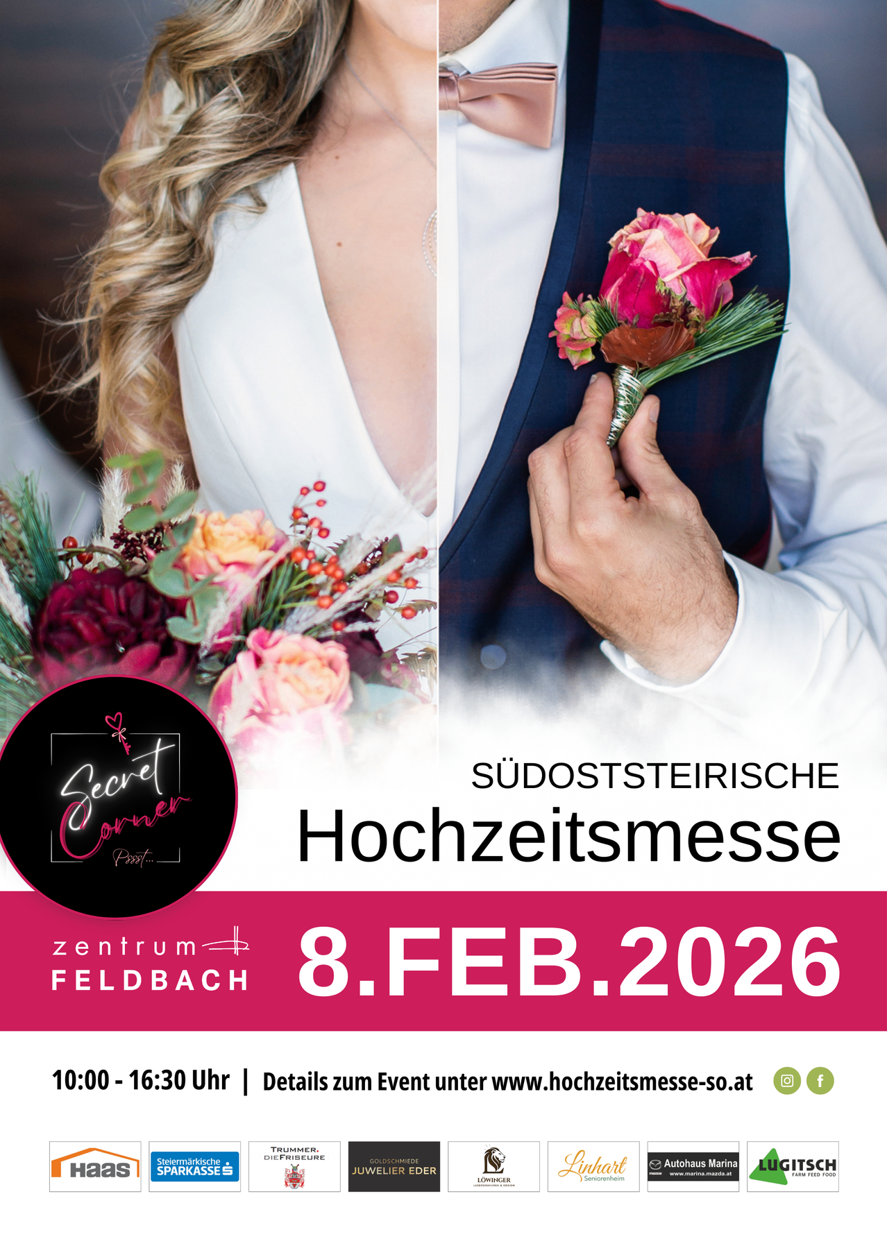 Ein Bild für die Suedsteiriche Hochzeitsmesse, mit einer Braut, die eine Blume hält, und einem Bräutigam, der eine Ansteckblume trägt. Die Veranstaltung findet am 8. Februar 2026 statt.