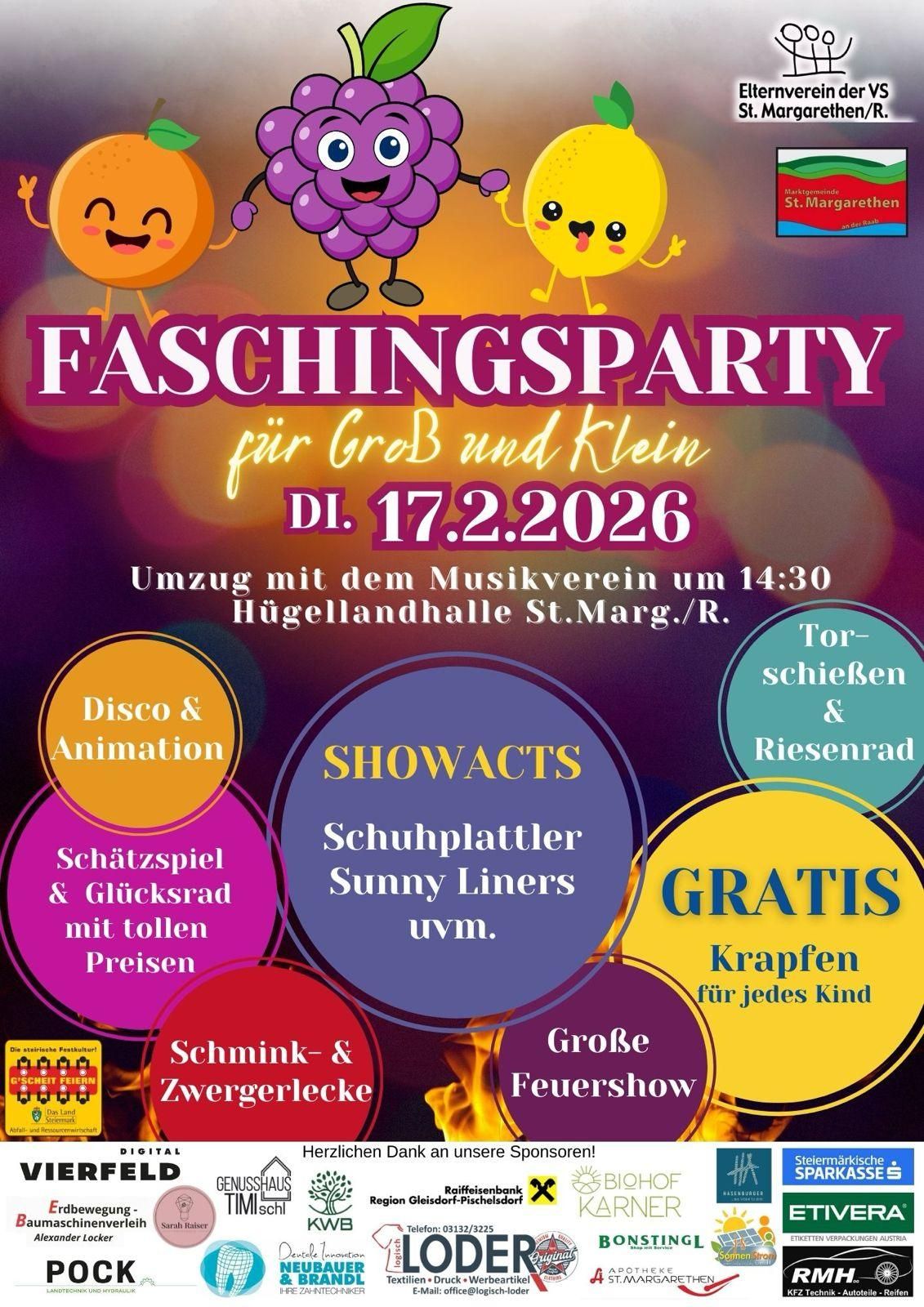 Ein Plakat bewirbt eine Faschingsparty für alle Altersgruppen am 17. Februar 2026. Zu den Attraktionen gehören eine Disco, Animation, Wahrsagerei, ein Schätzspiel mit Preisen und ein großes Feuerwerk.