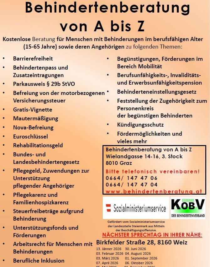 Plakat mit kostenlosem Beratungsangebot für Menschen mit Behinderungen im erwerbsfähigen Alter (15-65 Jahre) und deren Angehörige zu Themen wie Barrierefreiheit, Förderungen, Mobilität, Behindertenpass, Steuererleichterung und mehr. Kontaktinformationen und Standortdetails angegeben.