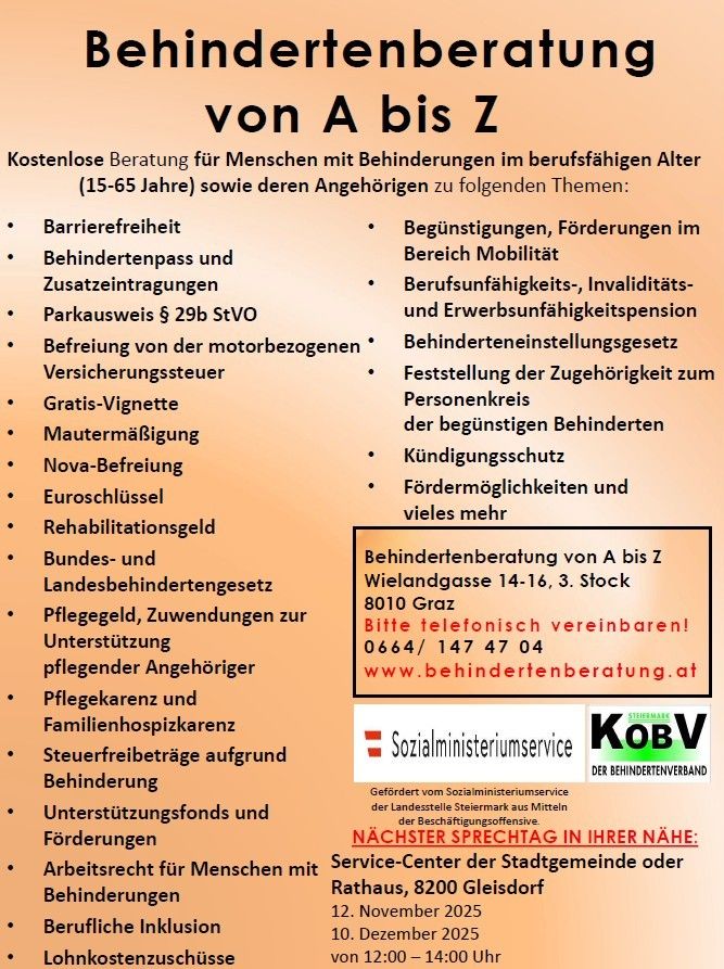 Ein Werbeplakat für kostenlose Beratungsdienste für Menschen mit Behinderungen im erwerbsfähigen Alter, die Themen wie Barrierefreiheit, Mobilitätsförderung und berufliche Unterstützung behandelt. Kontaktinformationen und eine Telefonnummer sind angegeben.