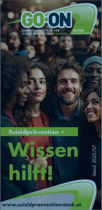 Poster für eine Selbstmordpräventionskampagne mit einer Gruppe lächelnder Menschen, die den Text 'Suizidprävention - Wissen hilft!' und eine Website-URL zeigt. Das Datum ist 2025/07.