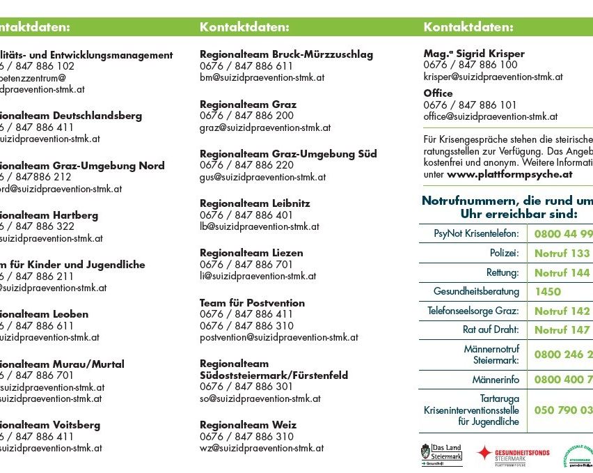 Dokument mit Kontaktdaten für verschiedene Präventionsteams in Österreich, einschließlich Telefonnummern und E-Mail-Adressen. Es listet auch Notfallnummern und zusätzliche Ressourcen wie Gesundheitsberatung auf.