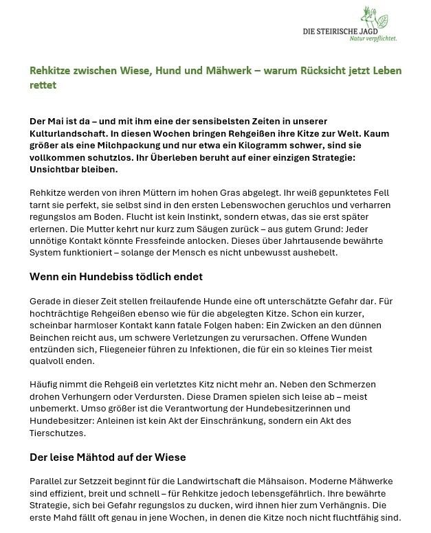 Der Mai ist da – und mit ihm eine der sensibelsten Zeiten in unserer Kulturlandschaft. In diesen Wochen bringen Rehgeiß ihre Kitze zur Welt. Kaum größer als eine Milchpackung und nur etwa ein Kilogramm schwer, sind sie vollkommen schutzlos. Ihr Überleben beruht auf einer einzigen Strategie: Unsichtbar bleiben.