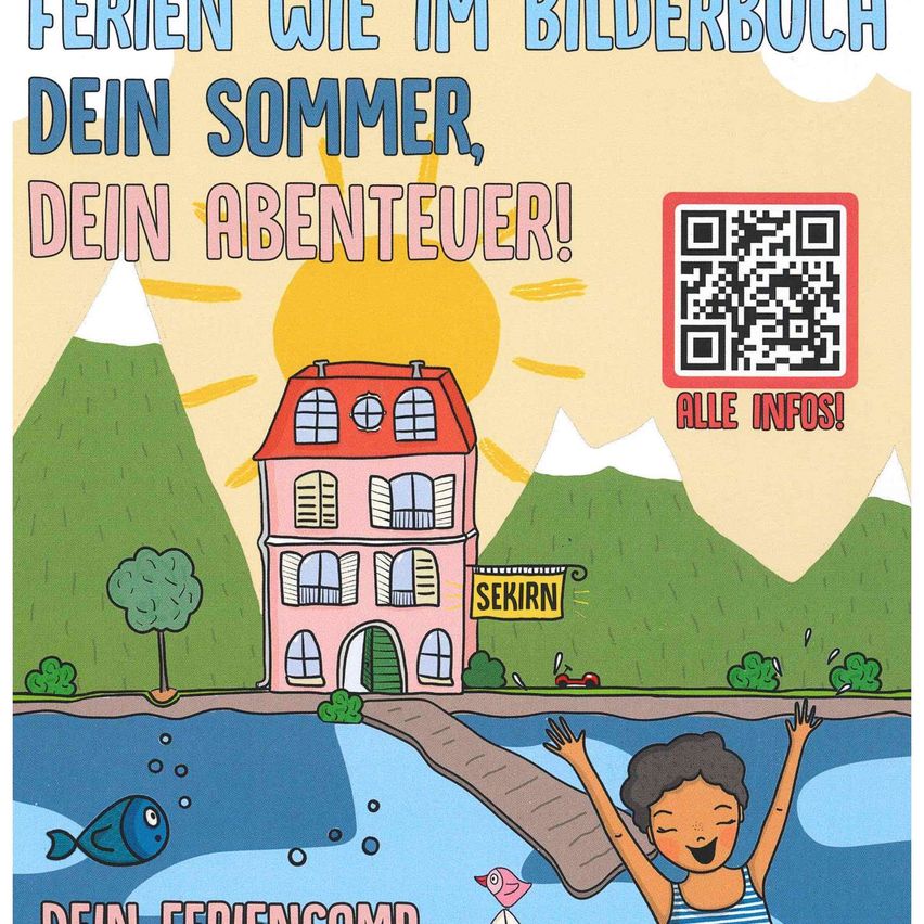 A poster with a house named Sekurn by a lake. A girl is jumping in the lake. There is a QR code and a sun in the sky.