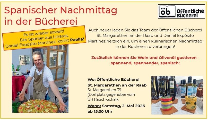 Plakat für einen spanischen Nachmittag in der öffentlichen Bibliothek. Ein Koch ist am Kochen und lächelt. Das Plakat enthält Details zur Veranstaltung.