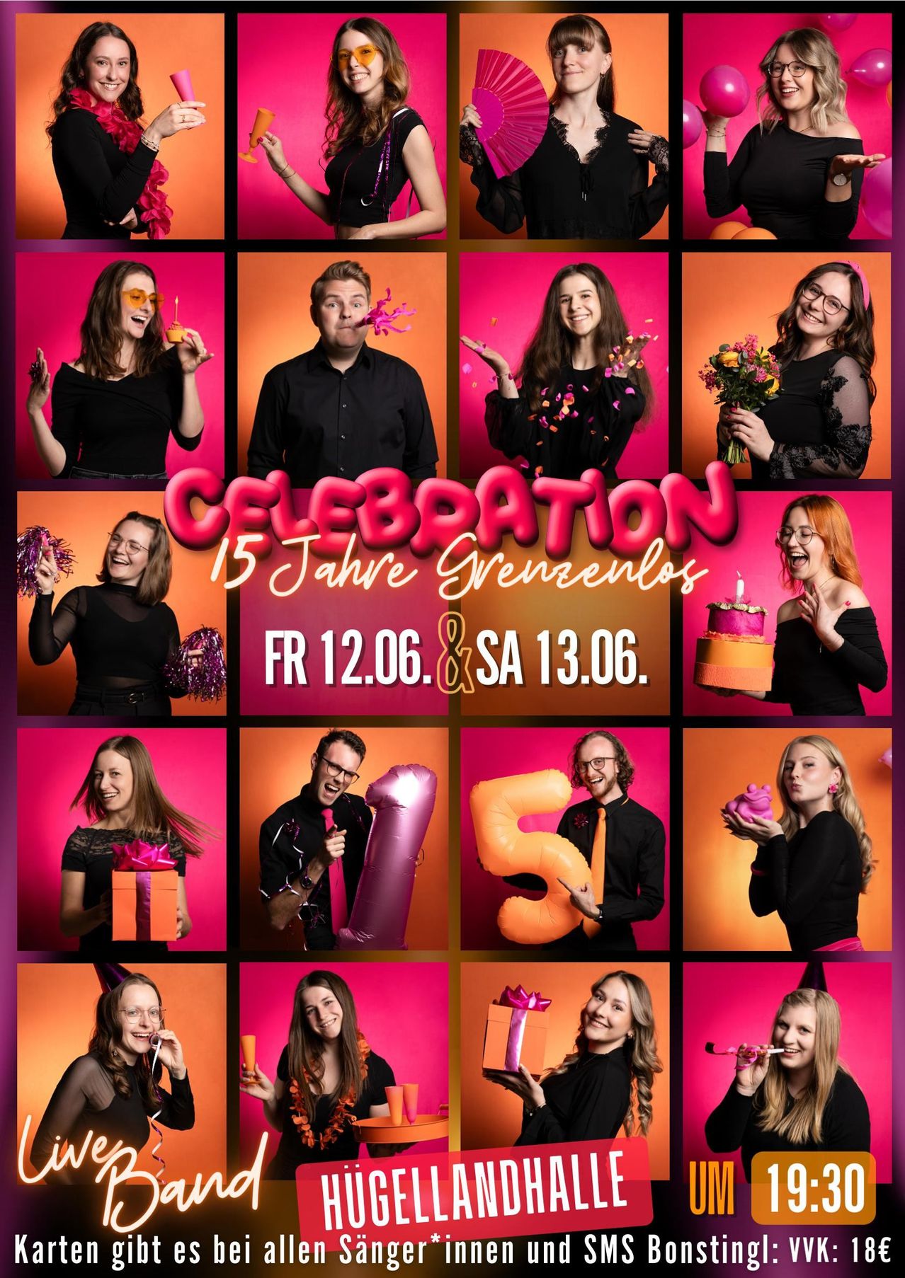 A collage of photos of women and men celebrating with birthday cakes, balloons, and gifts. The text reads: Celebration 15 Jahre Grenzlos. FR 12.06. & SA 13.06.