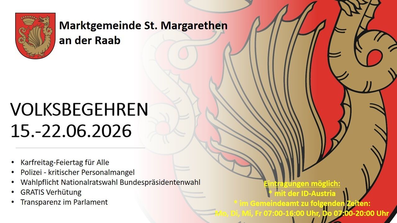 Die Gemeinde St. Margarethen kündigt an, dass die Anmeldefrist für die Wahl am 6. Februar 2026 endet. Anmeldungen können mit ID im Rathaus erfolgen.