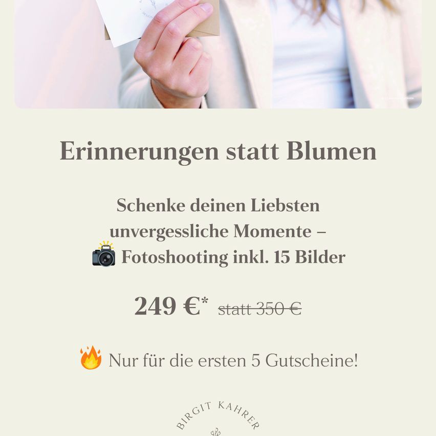 An advertisement for a photo service offering memories instead of flowers, includes a photo shoot with 15 images. The price is 249 Euros instead of 350 Euros, valid for the first 5 vouchers.