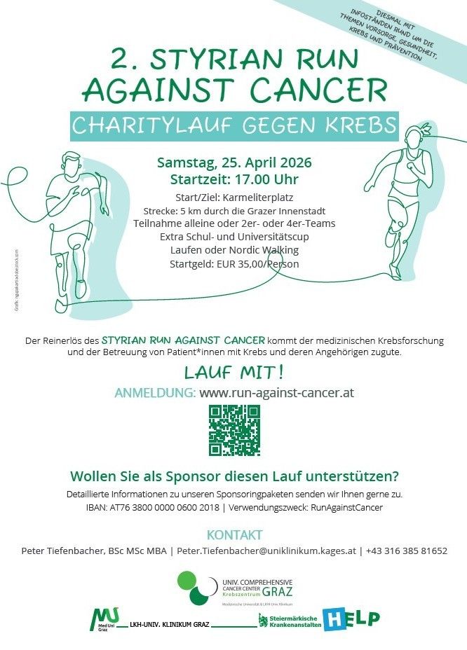 Poster for 2nd Styrian Run Against Cancer charity run. Date: April 25, 2026. Starts at 5 pm. 5 km through Graz city. Schools and university cups. Walking or Nordic walking. Entry fee: EUR 35.00. Proceeds for medical cancer research.