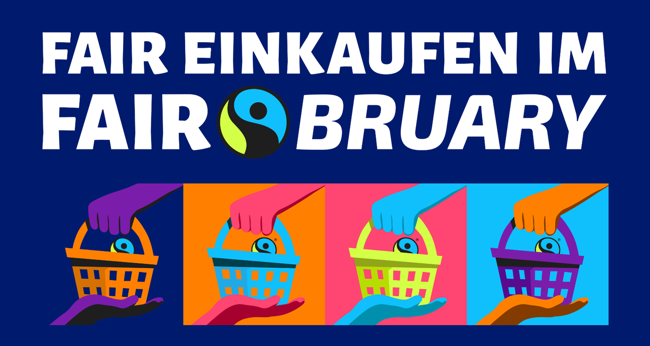 An advertisement for organic food. It shows two hands holding baskets with organic food. The words 'R Einkaufen R Brau' are written in white font.