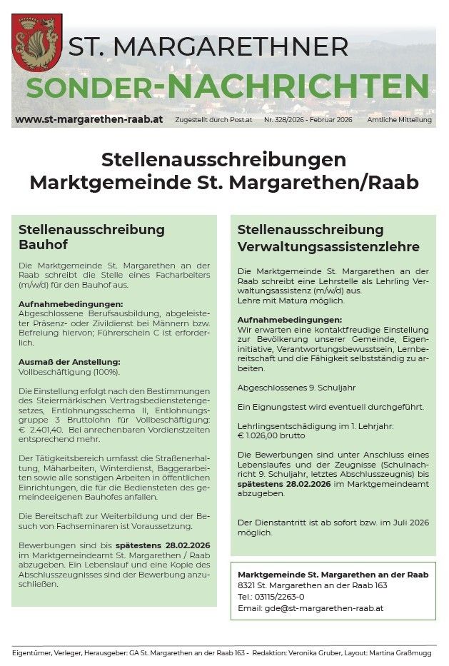Job posting from the Municipality of St. Margarethen at the Raab for a bus driver (m/w). The position is 100% and includes a probationary period. Applications are accepted until February 28, 2026.