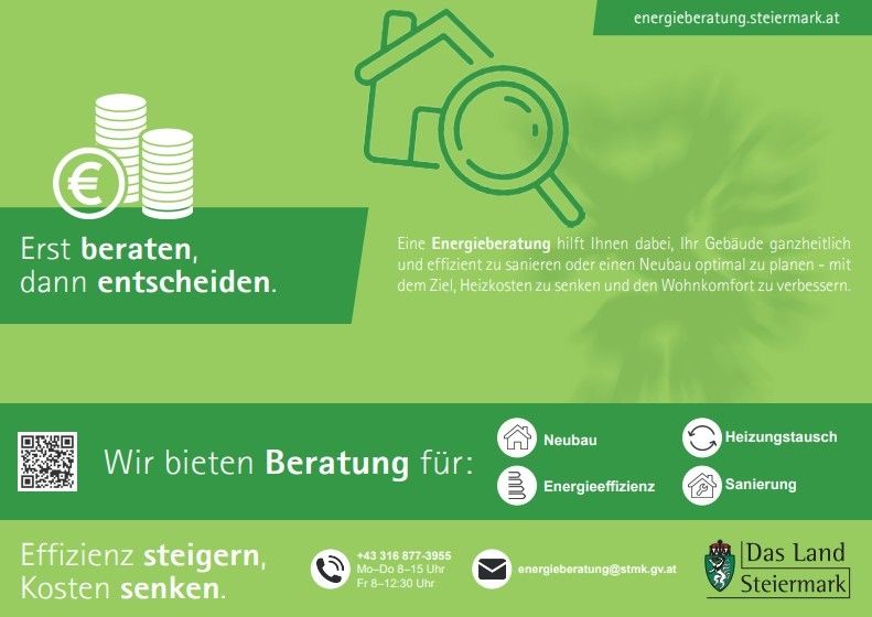Grünes Poster mit Symbolen für Neubau, Renovierung, Energieeffizienz und Reparatur. Es zeigt die Vorteile einer Energieberatung. Kontaktdaten und ein QR-Code sind angegeben.