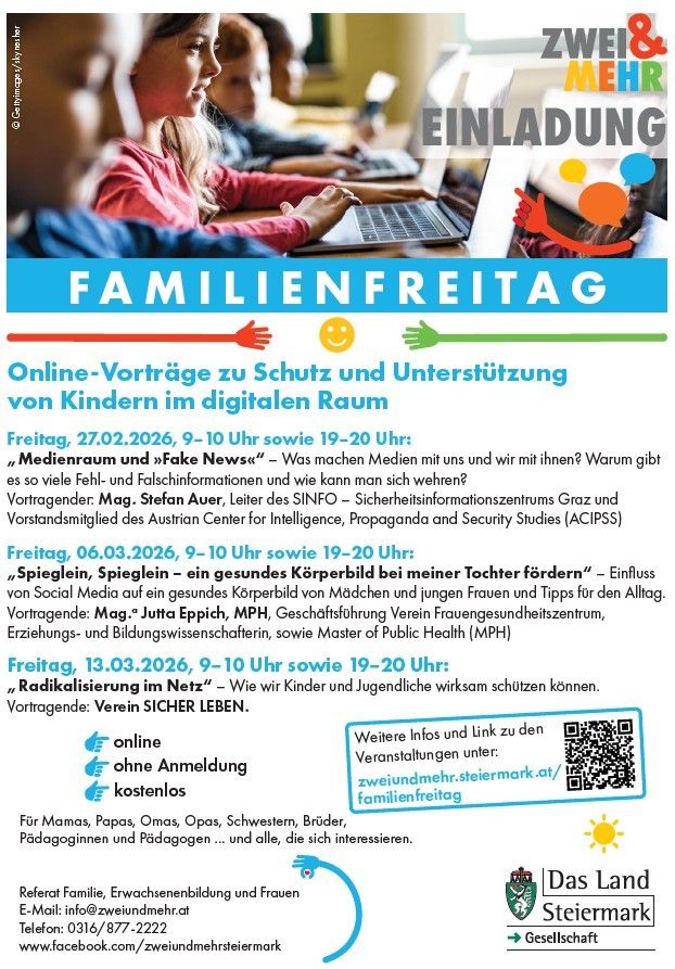 Plakat für Familienfreitag mit drei Online-Vorträgen zum Schutz und zur Unterstützung von Kindern im digitalen Raum. Termine und Zeiten der Vorträge sind aufgelistet, zusammen mit den Namen der Referenten.