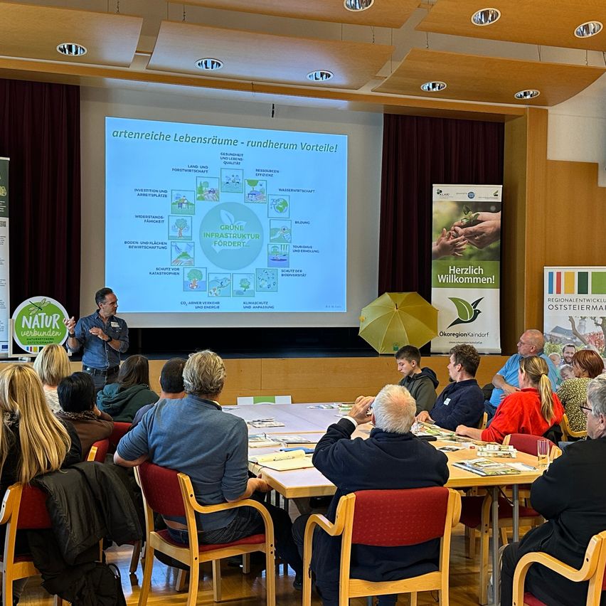 Eine Gruppe von Menschen sitzt um einen Tisch herum und hört einem Mann zu, der vor einer Projektionsleinwand mit einem Diagramm steht. Die Umgebung scheint ein Klassenzimmer zu sein.