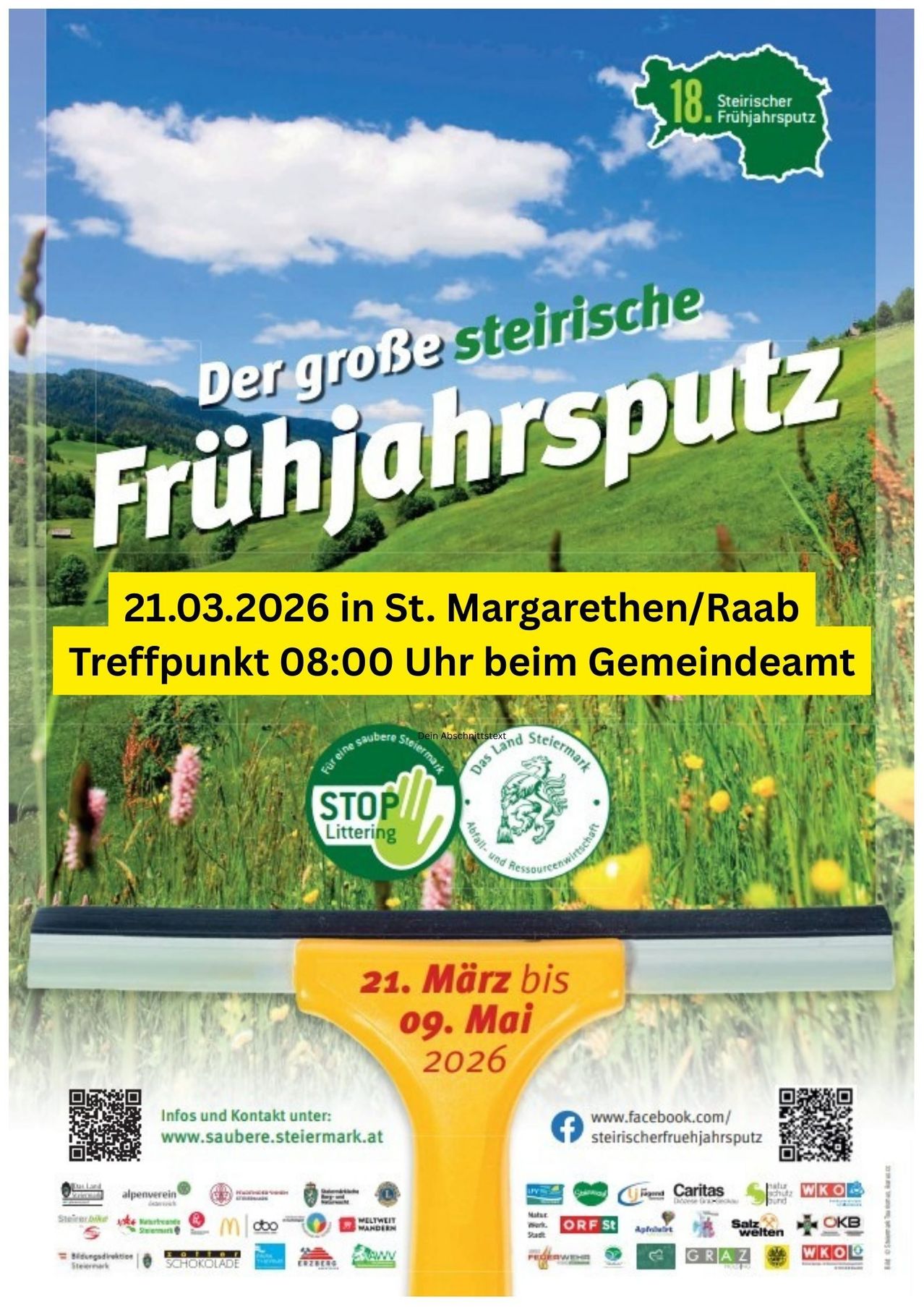 Plakat für die steirische Frühjahrsputzaktion, geplant für den 21. März 2026, in St. Margarethen/Raab. Treffpunkt um 8:00 Uhr im Gemeindeamt. Termine: 21. März bis 9. Mai 2026. Stop Littering Logo und QR-Codes enthalten.