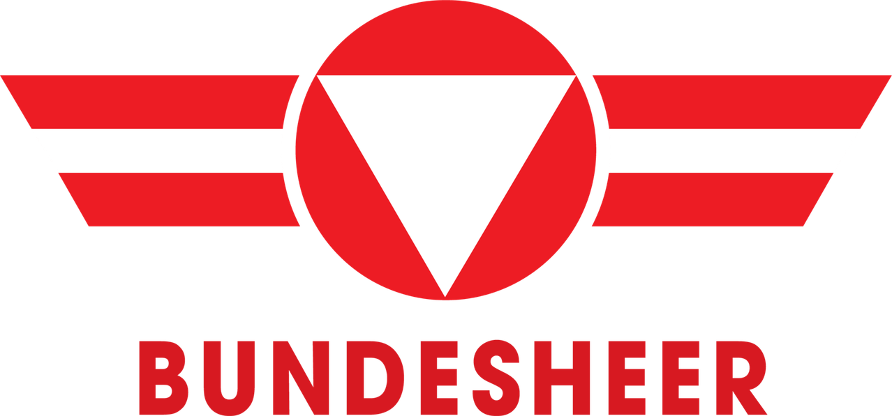 Ein roter Kreis mit einem weißen Dreieck darin, umgeben von roten und weißen Streifen, mit dem Wort 'UNDESHE' in Rot darunter.