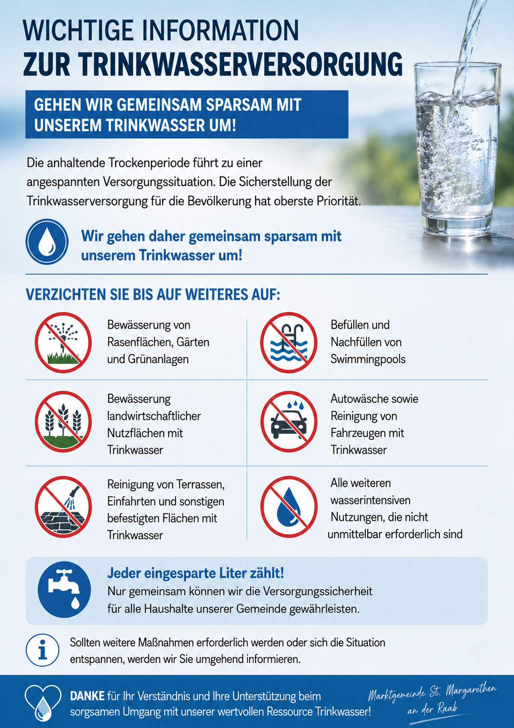 A poster with a glass of water and text about conserving drinking water. It lists activities to avoid, such as watering lawns and filling swimming pools. It emphasizes the importance of saving every drop of water.