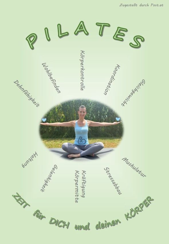 Eine Frau in einer Yoga-Pose mit dem Wort Pilates über ihr und verschiedenen Vorteilen um sie herum.