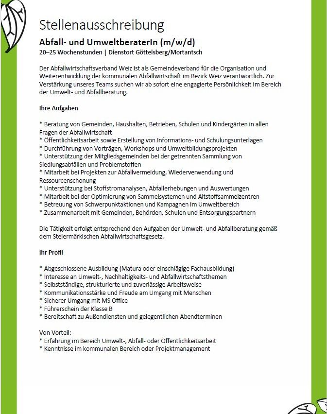 Job posting for waste and environmental consultants with a 20-25 week schedule in Weiz, offering environmental advice, information creation, workshops, waste management assistance, and resource management. Requires experience, qualifications, and proficiency in MS Office.