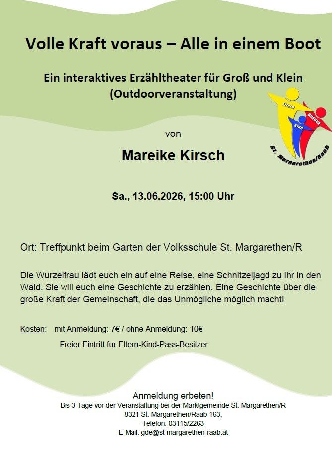 Interactive storytelling event for all ages. Hosted by Mareike Kirsch. Date: Sat, June 13, 2026, 3 PM. Location: Meeting point at St. Margarethen/R School Garden. Free entry for parents with kids.