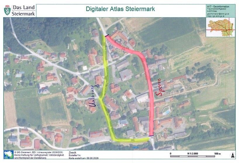 Karte des Digitalen Atlas Steiermark zeigt das Dorf Sperce mit einer roten Linie, die einen Weg markiert. Grüne und gelbe Linien zeigen Straßen an. Die Karte ist vom 08.02.2020.