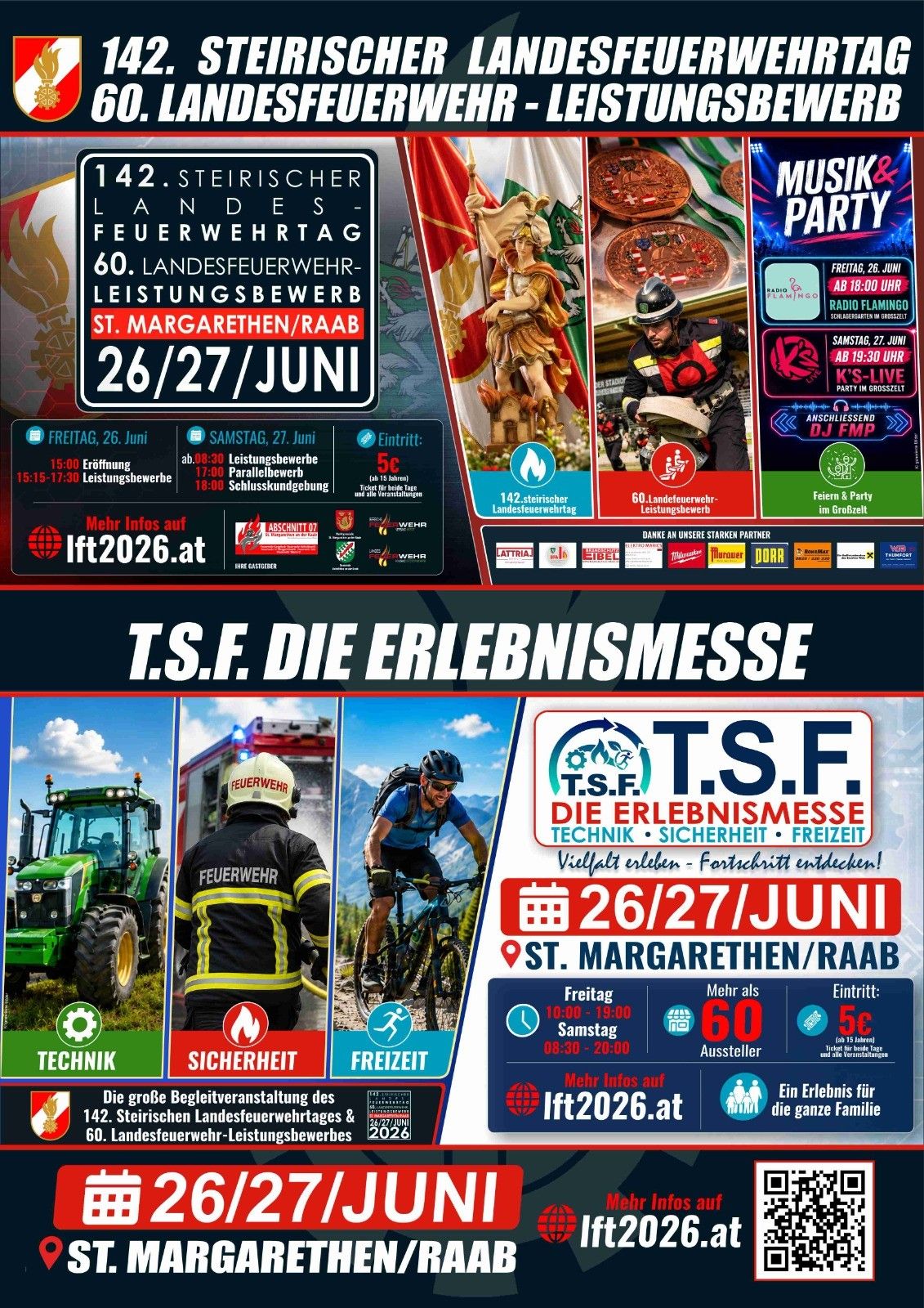 Plakat für die Veranstaltung T.S.F. Die Erlebnismesse am 26. und 27. Juni. Bietet Feuerwehr, Sicherheit und Freizeitaktivitäten. Veranstaltungsort: St. Margarethen/Raab. Eintrittspreis: 5 Euro. Weitere Infos unter lft2026.at.