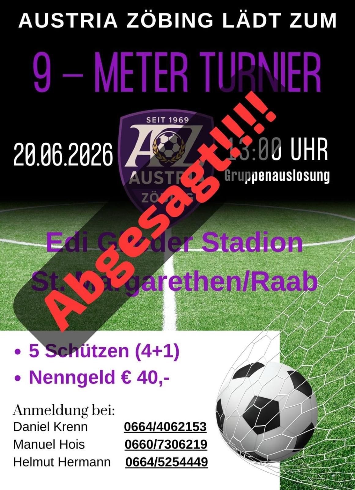Plakat für ein Fußballspiel am 20.06.2026 um 13:00 Uhr, mit einem Fußballfeld und einem Fußball. Die Veranstaltung findet im Edi Gasteiger Stadion in St. Margarethen/Raab statt.