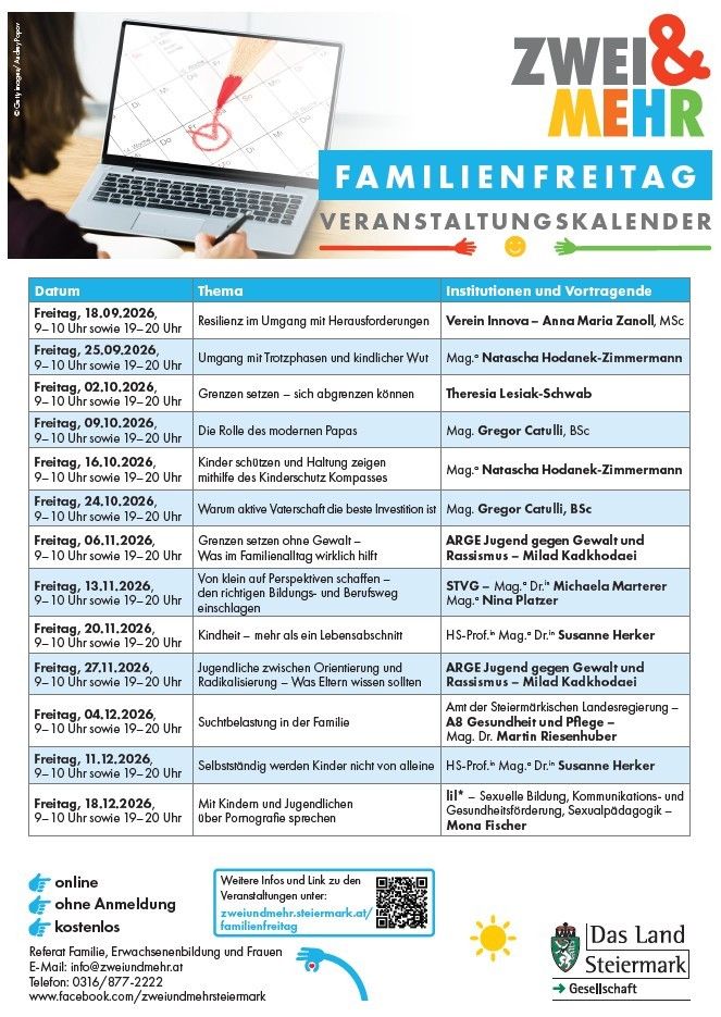 Das Bild ist ein Flyer für eine Reihe von Familienfreitagen. Es listet Termine, Themen und Referenten für verschiedene Vorträge auf. Die Themen reichen von Resilienz bis hin zu Jugendkriminalität. Der Flyer enthält auch einen QR-Code für weitere Informationen.