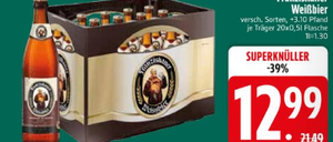 Eine Werbung für Franziskaner Weissbier, die eine Kiste mit Flaschen zeigt, mit einem Preisschild von 12,99, einem Rabatt von 39% und einem Angebot von 3 für 10 Euro.