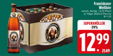 Eine Werbung für Franziskaner Weissbier, die eine Kiste mit Flaschen zeigt, mit einem Preisschild von 12,99, einem Rabatt von 39% und einem Angebot von 3 für 10 Euro.