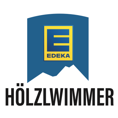 Das Logo von Holzlwimmer wird mit blauem Hintergrund und gelber Bergform angezeigt, wobei das Wort 'Edeka' oben steht.