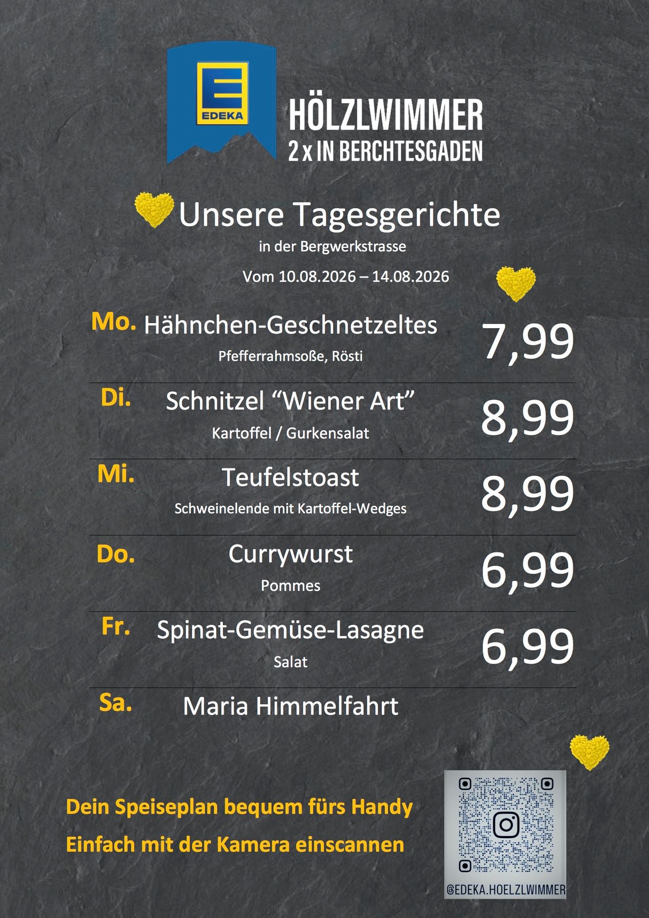 Ein Menü für ein Restaurant in Berchtesgaden, Deutschland, mit täglichen Gerichten vom 10.08.2026 bis 14.08.2026. Gerichte umfassen Hähnchen, Schnitzel, Teufelstoastd, Currywurst, Spinat-Gemüse-Lasagne und ein Spezialgericht namens Maria Himmelfahrt. Jedes Gericht kostet 7,99, 8,99 oder 6,99 Euro.