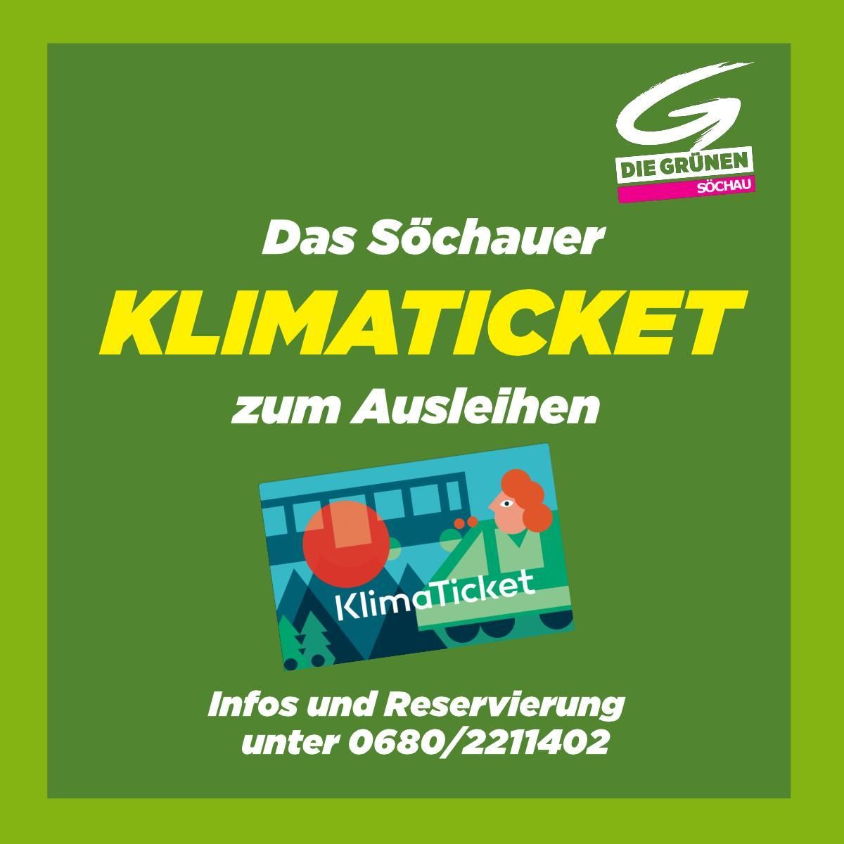 Plakat für das Sächsauer Klimaticket mit einer Frau und einem Zug. Es steht KlimaTicket zum Ausleihen. Kontaktnummer ist 0680/2211402.