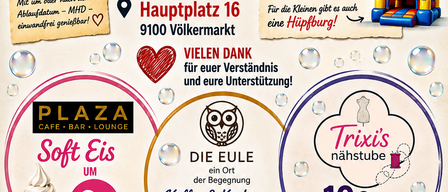 Ein Veranstaltungsplakat für ein Gemeinschaftstreffen am 28. August 2026 von 10 bis 16 Uhr am Hauptplatz 16, 9100 Völkermarkt. Es zeigt ein Herzsymbol, eine Hüpfburg und verschiedene Symbole für Essen, Getränke und Aktivitäten. Sponsoren sind Plaza Café Bar Lounge, Die Eule und Trixi's Nähstube.