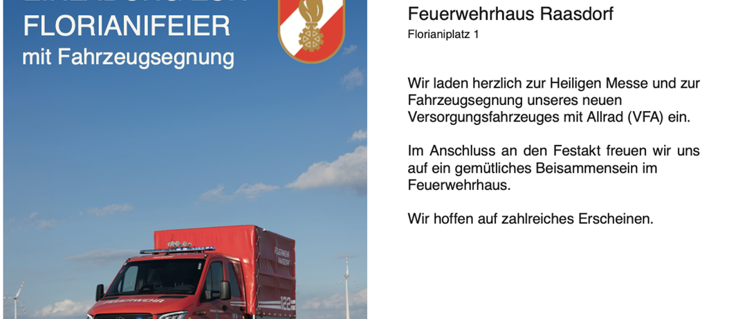 Ein Feuerwehrauto mit der Nummer 122 auf der Seite steht in einem offenen Bereich. Eine Einladung zur Fahrzeugsegnungsveranstaltung am 3. Mai 2020 steht rechts.