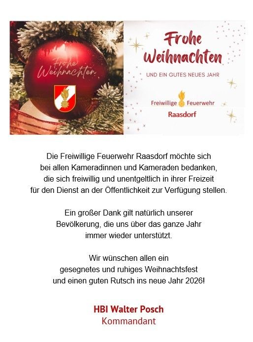Ein Bild zeigt einen roten Weihnachtsschmuck mit der Aufschrift 'Frohe Weihnachten'. Daneben befindet sich eine weiße Karte mit einem festlichen Design und den Worten 'Frohe Weihnachten' und 'Und Ein Gutes Neues Jahr'. Die Karte ist von der Freiwilligen Feuerwehr Raasdorf. Der Text darunter ist ein Feiertagsgruß und Dank von der Freiwilligen Feuerwehr Raasdorf.