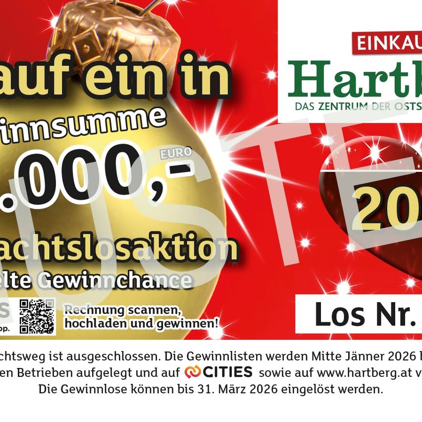 A poster advertises a Christmas lottery with a grand prize of 20,000 euros. It shows a gold bauble and mentions scanning receipts, loading, and winning. The winners will be announced in January 2026.