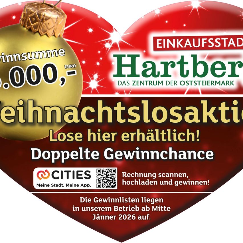 Christmas promotion advertisement for Hartberg, the center of Oststeiermark. Features a golden Christmas ball, QR code, and a message about double chance to win up to 5,000 euros. Winners will be announced in January 2026.
