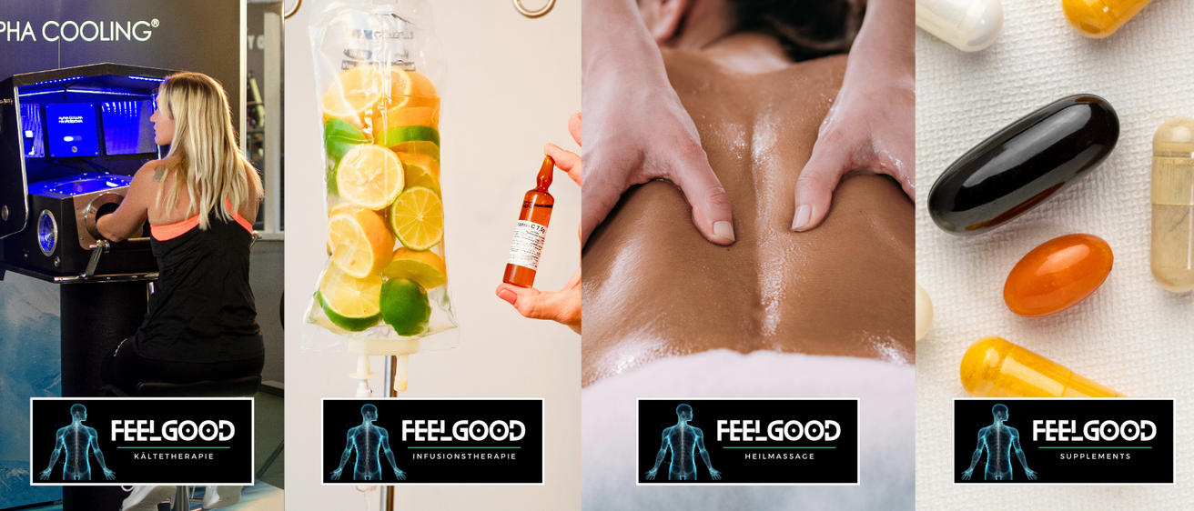 Eine Person erhält eine therapeutische Massage mit Fokus auf den unteren Rücken, neben einem IV-Beutel mit Zitrusscheiben.