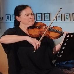 Eine Frau spielt Geige in einem Raum mit gerahmten Bildern an der Wand. Sie hält die Geige mit der linken Hand und den Bogen mit der rechten.