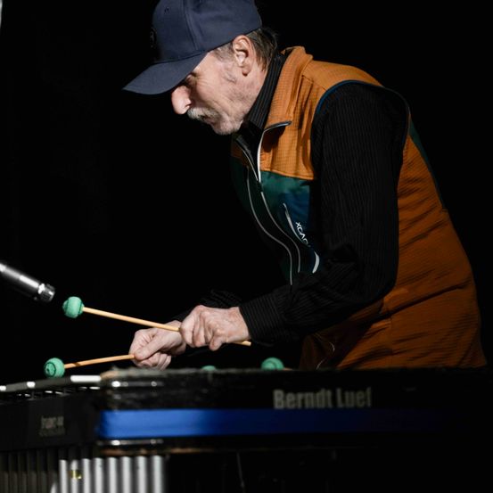Ein Mann spielt Xylophon mit grünen Schlägeln in einem dunklen Raum. Er trägt eine braune Weste und eine blaue Kappe. Das Xylophon ist mit Berndt Luel gekennzeichnet.