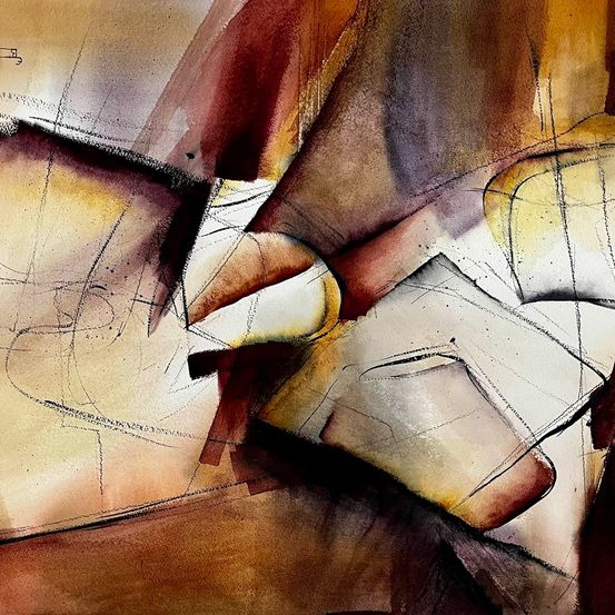 Ein abstraktes Gemälde mit warmen Braun-, Gelb- und Grautönen. Die Komposition zeigt fließende Linien und Formen, die ein dynamisches und etwas chaotisches Gefühl erzeugen.