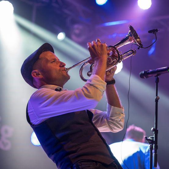 Bild enthält, Flugelhorn, Musical Instrument, Adult, Male, Man, Person, Microphone, Concert, Solo Performance, Horn