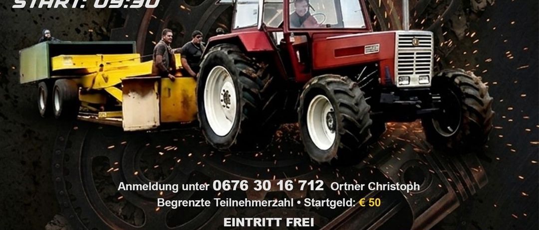 Veranstaltungsplakat für Kollers Dorf mit einem roten Traktor. Startzeit ist 09:30. Der Eintritt ist frei. Gewichtsklassen: 3,4,5,6,7,8,10 Tonnen. Ort: Fels am Wagram. Sponsoren aufgeführt.