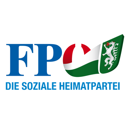 Das Logo der FPÖ, einer sozialen und patriotischen Partei, zeigt ein stilisiertes 'FP' mit einer Flagge und einem weißen Löwen auf einem grünen Schild.