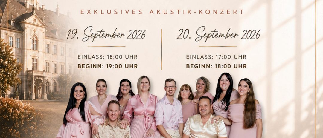 Post Life Unplugged 2026 Konzertposter mit einer Gruppe von Menschen in rosa Kleidern und zwei Männern in goldenen Hemden vor dem Hintergrund eines Schlosses. Das Event ist für den 19. und 20. September 2026 geplant.